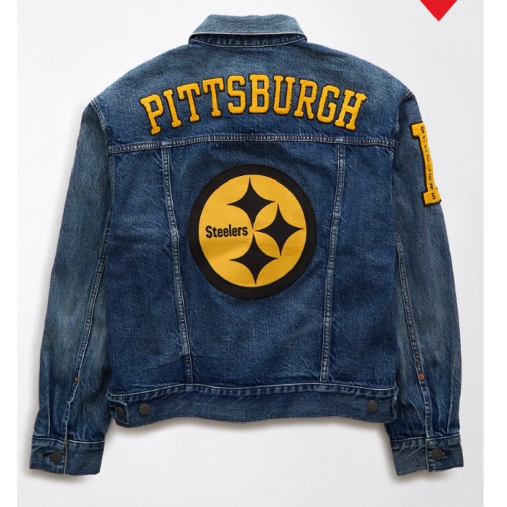 American Eagle Outfitters Blue Denim Jacket with Yellow Pittsburgh Patch
